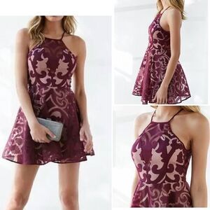 KEEPSAKE Bordeaux Romantic Rebel Burnout Skater Dress-L NWT